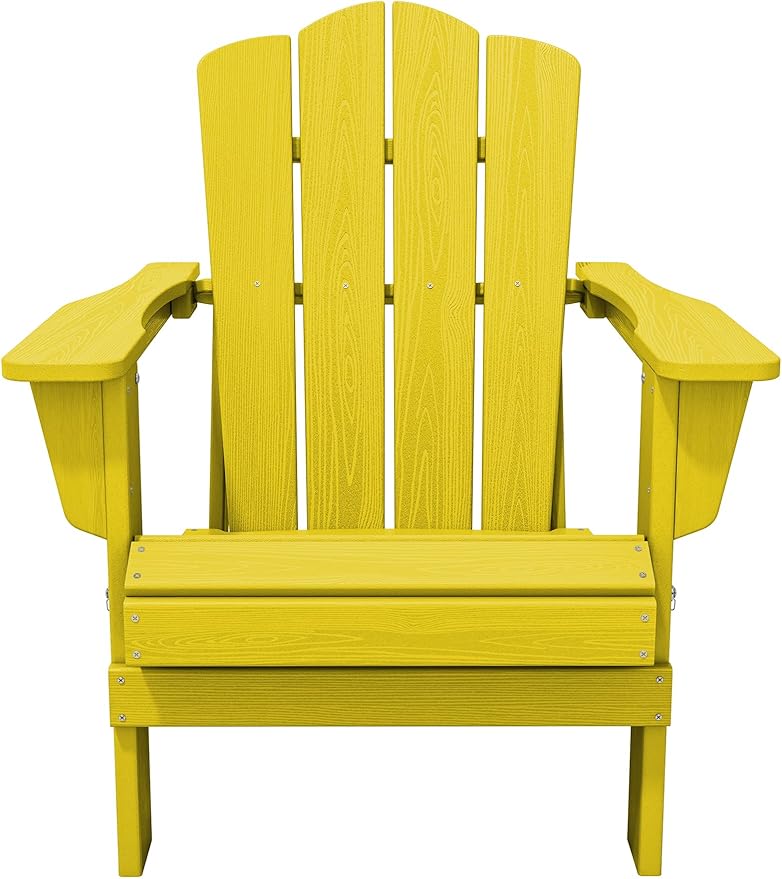 KINGYES Folding Adirondack Chair, HDPE All-Weather Patio Chairs, Wooden Textured Lawn Chair for Poolside, Backyard, Deck, Fire Pit, Yellow