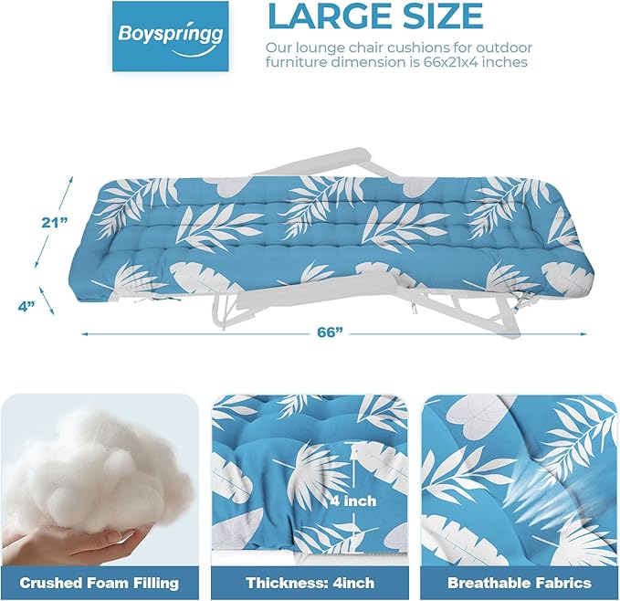 Outdoor Chaise Lounge Chair Cushion Waterproof 66 x 21 x 4 Inches Cotton Lounge Chair Cushions with Ties, Soft Thickened Lounge Chair Cushions for Indoor Outdoor Furniture (Blue Leaves)