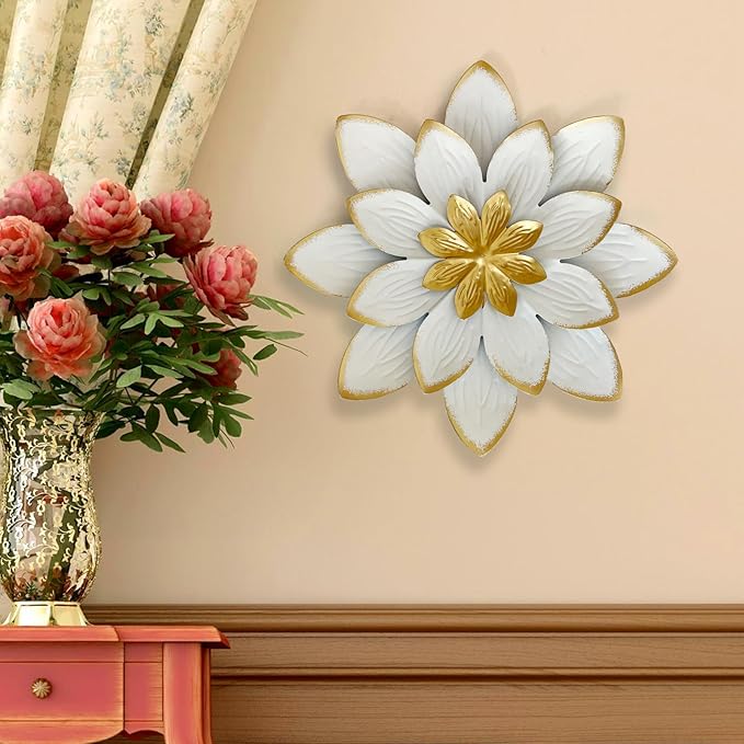 LIFFY 9.2“ White and Gold Metal Flower Wall Art, Modern Rustic Floral Decor for Indoor Living Room Bedroom Office Outdoor Garden Patio Yard