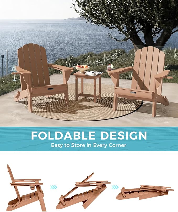 Adirondack Chair Set of 6, HDPE Material Fire Pit Chairs, Plastic Adirondack Chairs with 2 Cup Holder, Outdoor Lawn Chair for Patio Garden,Teak