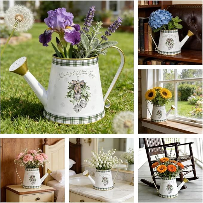 Vintage Metal Christmas Watering Can Decor - Wonderful Winter Days Design with Bell Wreath, Rustic Farmhouse Watering Pot Garden Decorative Planter for Holiday Home Mantel Tabletop Xmas Decor