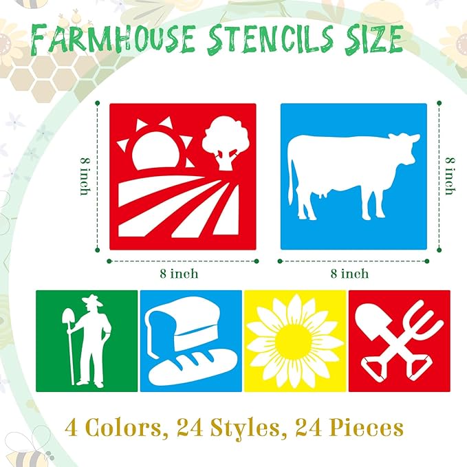 24 Pcs Farm Theme Stencil Set 8 x 8 Inch Plastic Drawing Painting Stencil Templates Animals Farmer House Stencils Reusable for Kids Painting on Wood Paper Scrapbook Wedding DIY Art Crafts