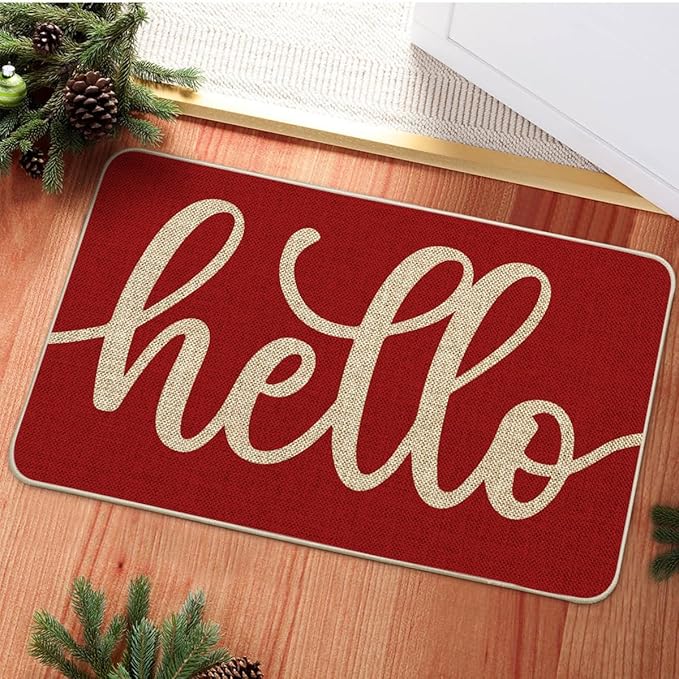 Artoid Mode Red Hello Valentine's Day Doormat, Anniversary Home Decor Low-Profile Switch Rug Door Mat Floor Mat for Indoor Outdoor 17x29 Inch