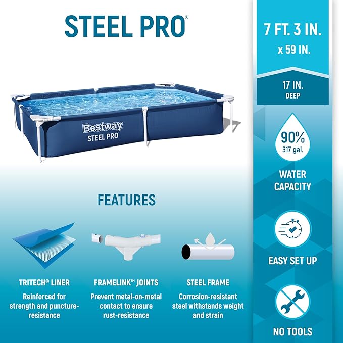 Bestway Steel Pro 87 Inch x 59 Inch x 17 Inch Rectangular Metal Frame Above Ground Outdoor Backyard Swimming Pool, Blue (Pool Only)