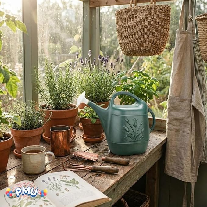 PMU 2 Gallon Watering Can - Garden Watering Can for Indoor & Outdoor Plants - Plastic Water Can with Detachable Sprinkler Head - Large Water Pot, Made in USA - Hunter Green Pkg/6