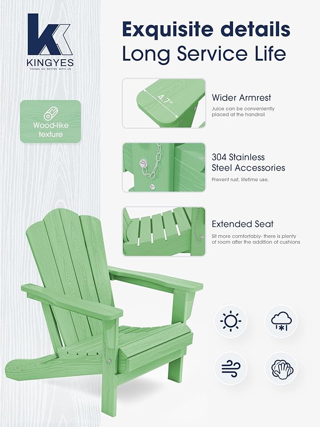 KINGYES Folding Adirondack Chair Set of 6, HDPE All-Weather Folding Adirondack Chair, Light Green