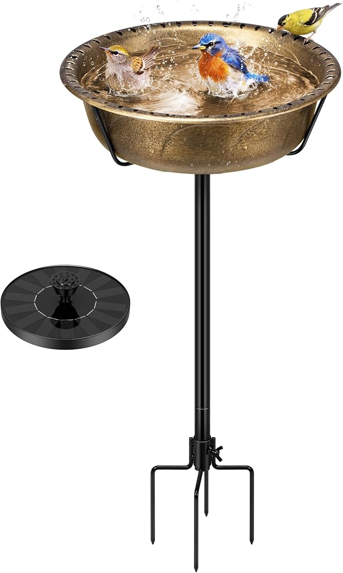 VIVOHOME Bird Bath with Solar Fountain for Outside, Weather-Resistant ABS Birdbath Bowl with Solar Powered Pump, Metal Ground Stake for Outdoor, Garden, 1.45 Gallons, Copper