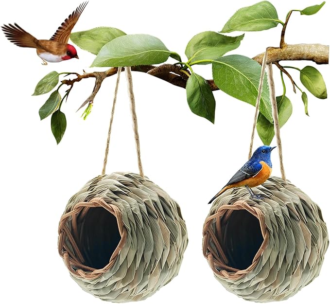 WDEFUN Humming Bird Houses for Outdoor Hanging, Natural Grass Bird Hut,Hand Woven Hummingbird Nest,Wren Finch Bird House for Garden Window Outdoor Home 2 Pack