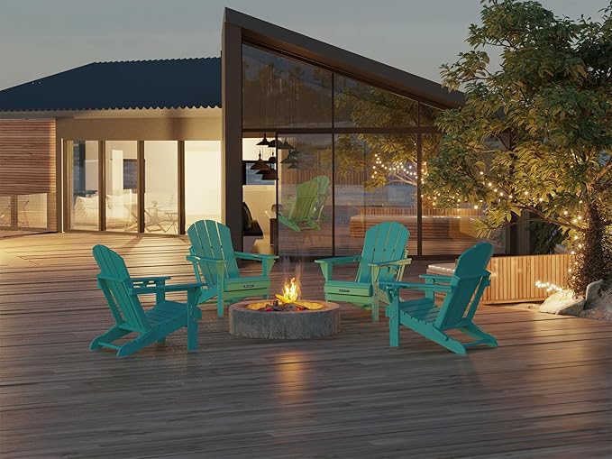 MUCHENGHY Folding Adirondack Chairs 2 Pack, Patio Chairs, Outdoor Chairs, Adirondack Chair Plastic, Fire Pit Chairs, Weather Resistant with Cup Holder for Deck, Backyard, Garden(Lake Blue)