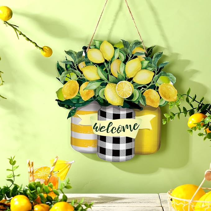 Karenhi Lemon Welcome Wooden Sign for Front Door Lemon Wooden Hanger Summer Door Sign Wood Spring Hanging Decorations Farmhouse Porch Decor for Outdoor Housewarming Gift