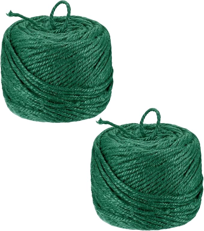 2-Pack Natural Jute Twine String, 3mm x 328ft/100m Long Garden Twine Balls for Crafts/Gift Wrapping/Gardening Plants, Durable Plant Ties Thick Rope [Dark Green]