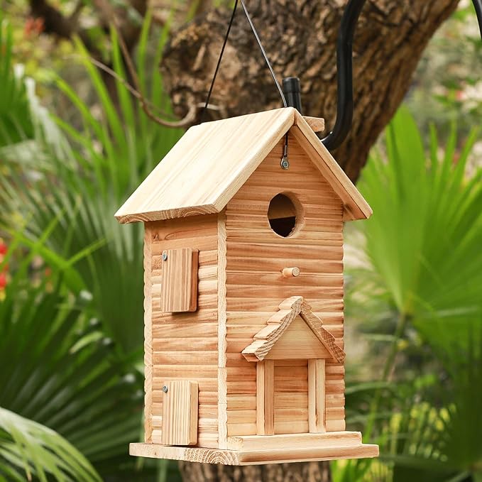 STARSWR Bird House,Outdoor Bird Houses for Outside Clearance,2 Hole Wooden BlueBirdHouse Finch Cardinals Hanging Birdhouse 2 Rooms Nesting Box for Wild Bird Viewing