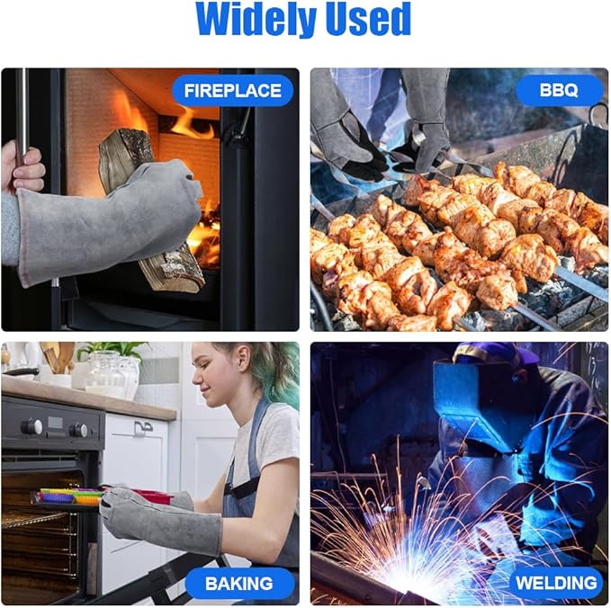 AUAUY Heat & Fire Resistant Gloves Leather BBQ Gloves Wear Resistant Heavy-Duty Welding Gloves for Grinding,Baking,Gardening