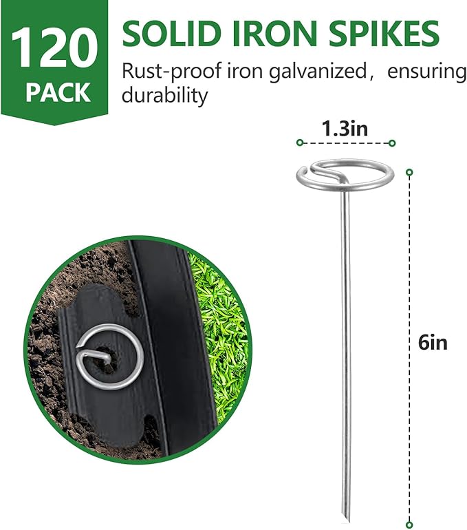 4 in Tall Landscape Edging, 120 ft Garden Border with 120 Metal Spikes, Flexible Plastic for Lawns - Black, No-Dig Design