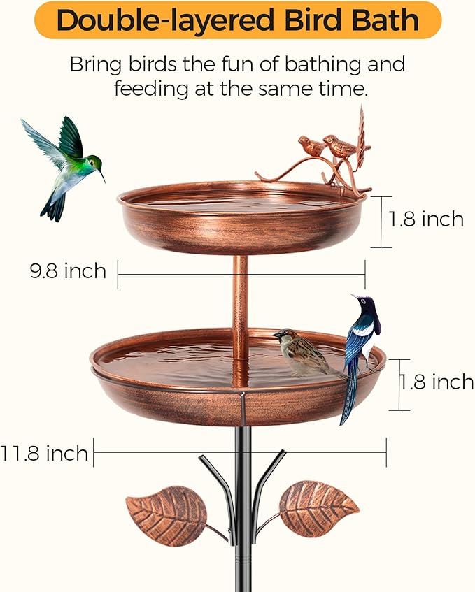 Bird Bath for Outside, Double 46In Metal Birdbaths for Outdoors,Bird Bath Feeder Bowls for Garden Patio Yard Decor, Upgraded 5-Pronged Metal Stake
