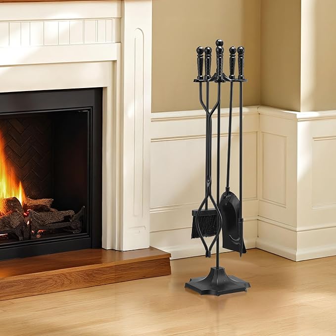 VEVOR Fireplace Tool Set, 5 PCS Fire Tool Set and Holder with Five-Prong Stand, Tongs, Ash Shovel, Brush, Fire Place Poker, Wrought Iron Fireplace Accessories for Campfire Indoor/Outdoor, Black