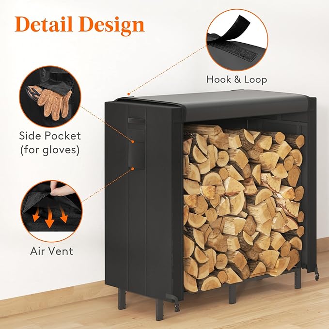 Lifewit 4 FT Firewood Rack Outdoor with Waterproof Cover, Indoor/Outdoor Wood Storage with Side Pocket, Heavy Duty Firewood Holder for Fireplace, Fire Pit, Black, 122 x 59 x 122 cm/48 x 23 x 48 inch