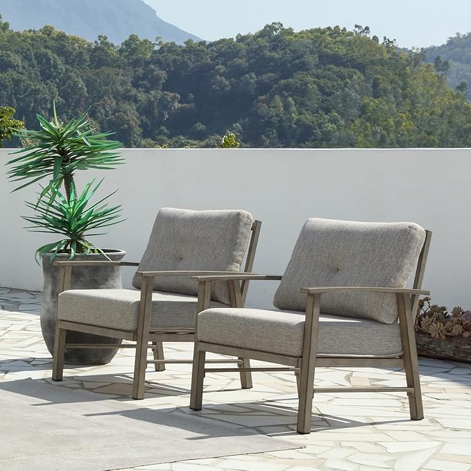 2 Pieces Outdoor Patio Chairs, Outdoor Aluminum Armchair Conversation Set with Thick Cushions, All Weather Patio Furniture Sofa Chairs Set for Garden, Poolside, Lawn, Limed Oak