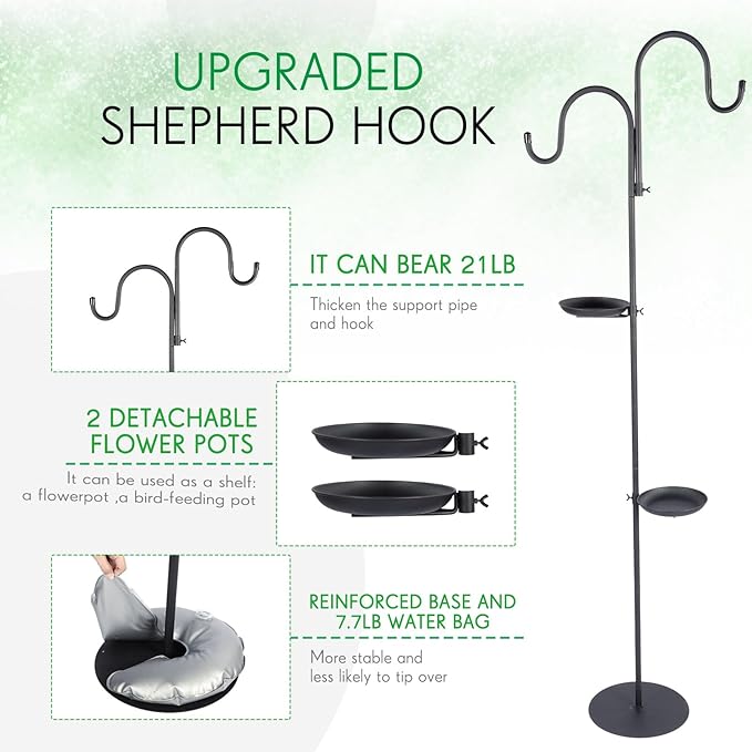 1 Set 75.9" Shepherd's Hook Stand for Hanging Plant, Bird Feeder, Waterproof Metal & Adjustable Standing Pole Holder for Indoor Outdoor, with 2 Rotatable Rack & Weight Bag (Classic 2 Hooks)