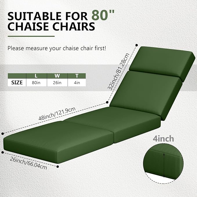 4 Pcs Chaise Lounge Cushions Outdoor, 80 x 26 x 4 Inch Lounge Chair Cushions for Outdoor Furniture - Waterproof Lounge Patio Replacement Cushion, 4In Fade-Resistant ThickPatio Chaise Lounge Cushion