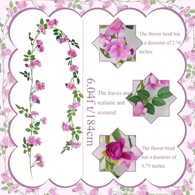 2 Pcs Artificial Flowers Garland for Outdoors Pink Faux Gardenia Garland 12Ft Silk Rose Hanging Vines Floral for Wedding Arch Party Wall Garden Ceremony Backdrop Fence Spring Decor