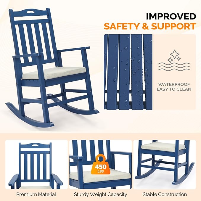 VINGLI Outdoor Rocking Chair, Heavy Duty 450 lbs Poplar Wooden Rocking Chair with High Backrest Design, Come with a Cushion, All-Weather Lounge Rocker Support for Garden, Deck (Navy Blue)