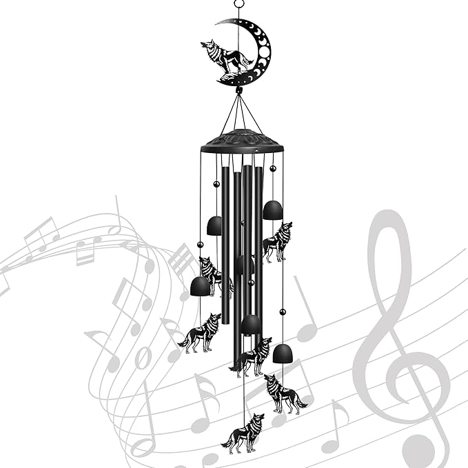 Wolf Wind Chimes for Outside, 32" Decorative Wind Chimes Wolf Gifts for Women, Memorial Windchimes Outdoors with S Hook for Patio Garden Decor, Birthday Gifts for Mom Grandma (Black)