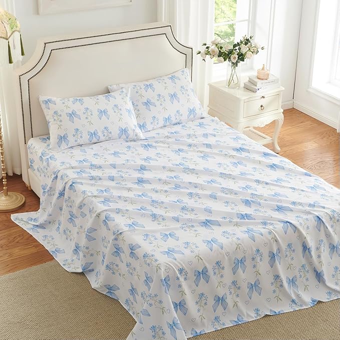 Blue Bow Sheet Set Twin Garden Floral Fitted Sheet Set for Girls Kids Soft Microfiber Fitted Flat Sheets & Pillowcases Cute Princess Style Bowknot Bedding Sets Toddlers 3 Pieces