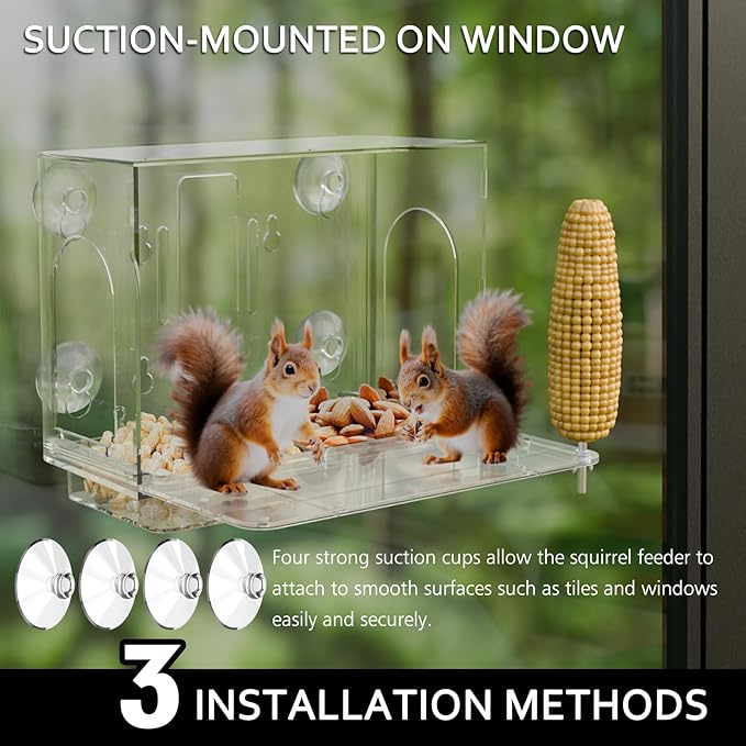 Window Squirrel Feeder for Outside – 3 Mounting Options (Screw/Strap/Suction) which Easy to Install, Weatherproof Squirrel House, No Assembly Required – Ideal Backyard Gift for Father Mother Parent