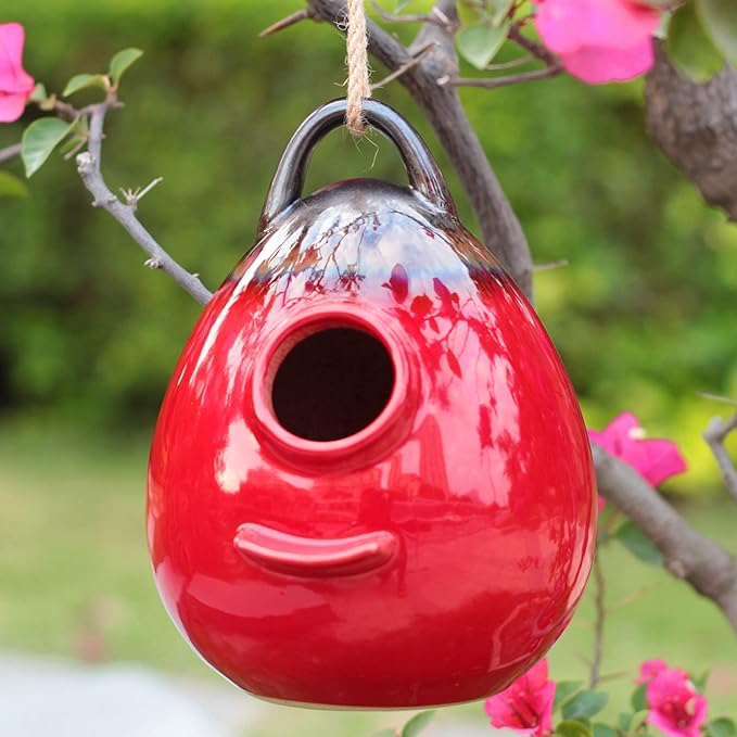 Kimdio Birdhouse Ceramic Hanging Birdhouses Bird Hut Hanging Outdoor Birdhouse for Wild Birds, Finch, Cardinal, and Bluebird - Red