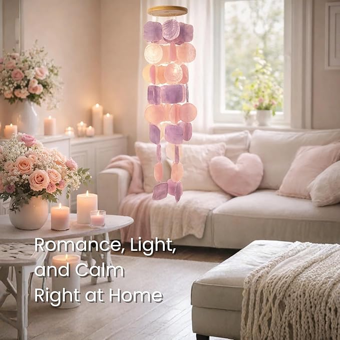 Solange & Frances Capiz Shell Wind Chimes for Outside - Elegant Outdoor Decor for Garden, Patio and Front Porch Decor. Unique Gifts for Mom, Gift for Women, Valentines Day Gifts (Purple & Pink)