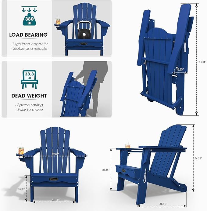 Folding Adirondack Chair Set of 2,HDPE All-Weather Outdoor Chair with Cup Holder,Wooden Textured,Fire Pit Chair,Plastic Patio Chair for Deck,Backyard,Garden,Lawn(Navy Blue)