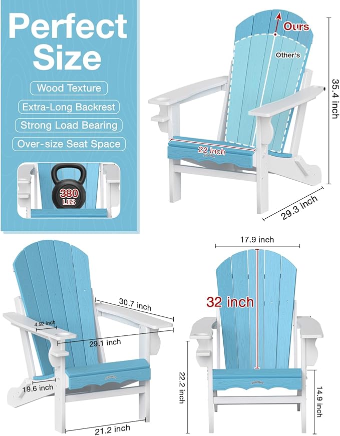 Folding Adirondack Chair –Recyclable HDPE Outdoor Adirondack Patio Chair with Cup Holder, Wood Texture & Umbrella Hole, 25-Year Fade-Free All Weather for Fire Pit, Porch, Poolside, Deck, Aruba & White