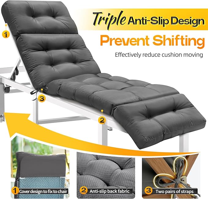 MAGIC ELEPHANT Chaise Lounge Cushion Outdoor, Memory Foam Patio Lounge Chair Cushion with Ties for Indoor Outdoor Furniture, Water-Repellent Replacement Long Chair Cushion (Grey)