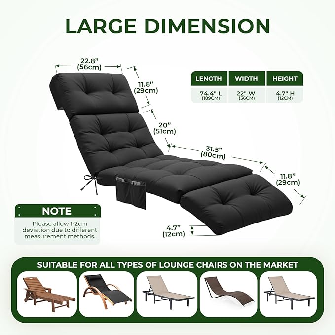 Outdoor Chaise Lounge Chair Cushion Waterproof 74.4 x 22 x 4.7 Inches Lounge Chair Cushions Replacement for Outdoor Furniture with Ties and Pocket, Thickened Pool Lounge Chair Cushions, Black