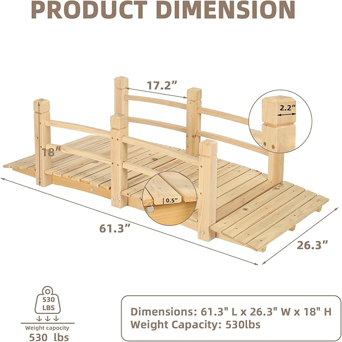 Wood Garden Bridge Classic Wooden Arch Stained Finish Footbridge with Safety Railings, 530 lbs Capacity, Decorative Pond Bridge Landscaping for Outdoor Garden Backyard Creek Farm, Natural