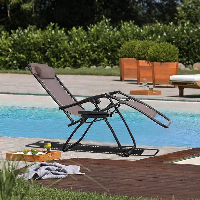 Flamaker Patio Zero Gravity Chair Outdoor Folding Lounge Chair Recliners Adjustable Lawn Lounge Chair with Pillow for Poolside, Yard and Camping (Brown)