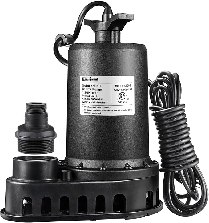 WASSERMANN 1/2HP Submersible Water Pump,3300GPH Thermoplastic Utility Pump Electric Portable Transfer Clean/Dirty Sump Pump for Pool Tub Garden Pond Draining with 10 FT Cord