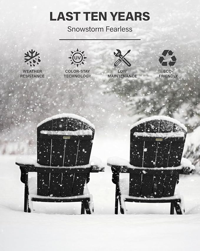 YEFU Adirondack Chair Set of 2, Folding Oversized Plastic Adirondack Chair with Cup Holder, Lawn Chair with Weather Resistant for Outdoor Deck Garden, Weight Capacity Up to 400 Lbs–Black