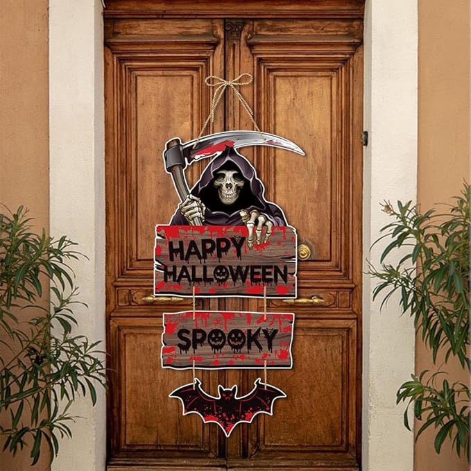 Happy Halloween Decorations Death Hanging Sign Front Door Hanger Wreath Decor Indoor Outdoor Decor for Halloween Party Home Farmhouse Wall Porch Yard Window Decoration Supplies