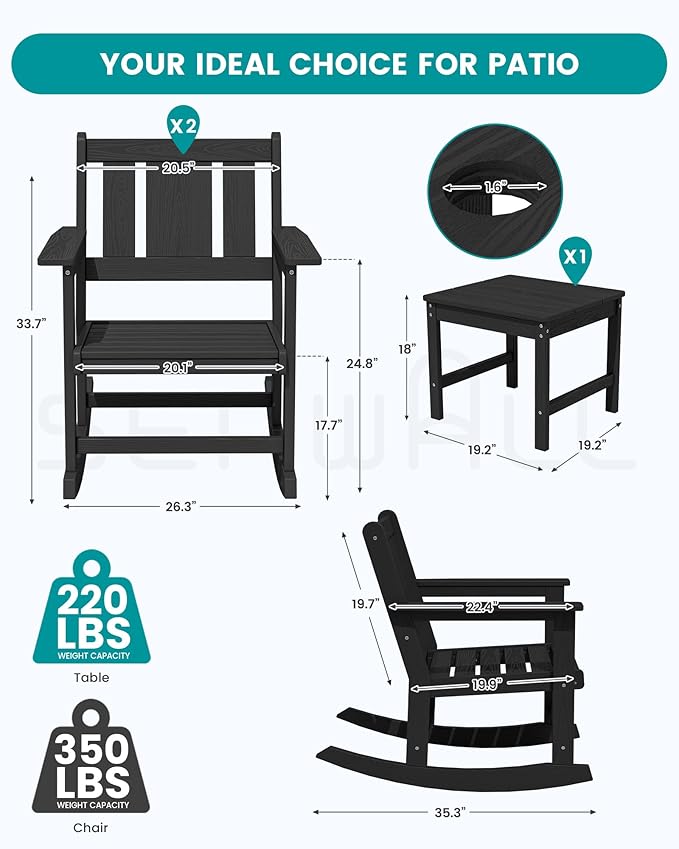 SERWALL Outdoor Rocking Chair Set of 2 with Side Table, All-Weather HDPE 3 Piece Patio Furniture Set, Outdoor Bistro Set with Pre-Drilled Umbrella Hole for Porch Deck Lawn Balcony, Black