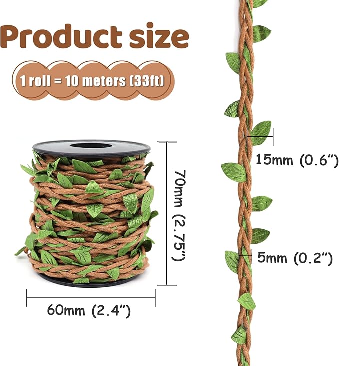 33ft Waxed Twine with Green Leaves, 3-ply Waxed Cord, Artificial Leaves Waxed String for Crafts and Decor (Light Brown Waxed Twine)