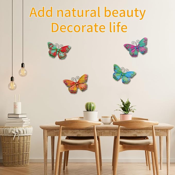 Junware 4 Pieces Metal Butterfly Wall Art Decor - 7.5" Outdoor Fence Wall Sculpture Decor, Hanging Decoration for Garden Yard Living Room Bedroom Patio Balcony, Nice Gift for Mom Friend
