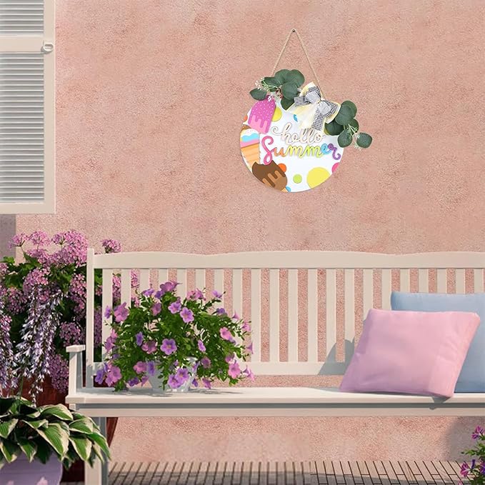 CHDITB 3D Hello Summer Wreath Wooden Sign, Ice Cream Themed Wooden Hanging Plaque, Welcome Summer Door Hanger, Colorful Popsicle Round Wall Art Sign Hanger for Front Porch Yard Garden Backyard Decor