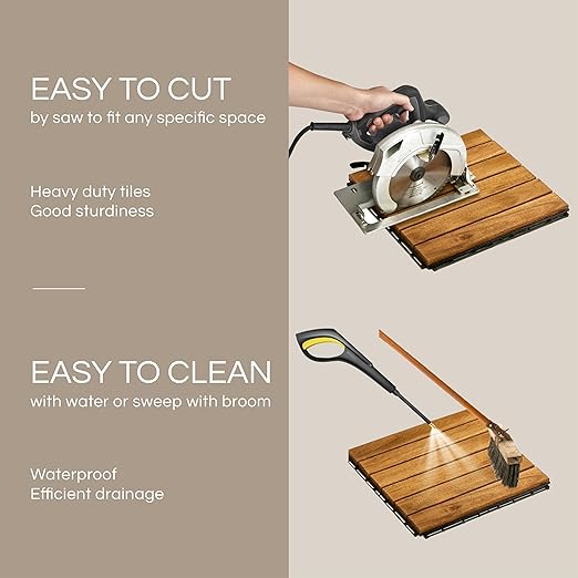 30 Pcs Deck Tiles, Patio Flooring - Outdoor Waterproof Acacia Wood Tiles for All Weather Use - Balcony, Backyard, Indoor & Outdoor (Golden Teak Striped Pattern, 30 Square Ft)