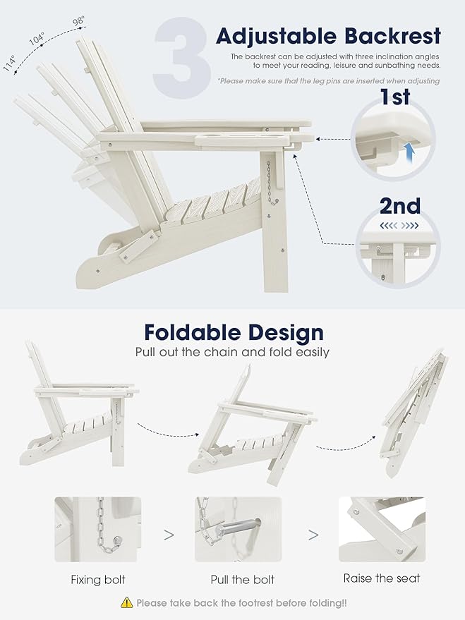 KINGYES Adjustable Folding Adirondack Chair with Footrest & 4-in-1 Multi-Functional Armrest Organizer, HDPE Recliner Adirondack Chair with Pull-Out Ottoman, White