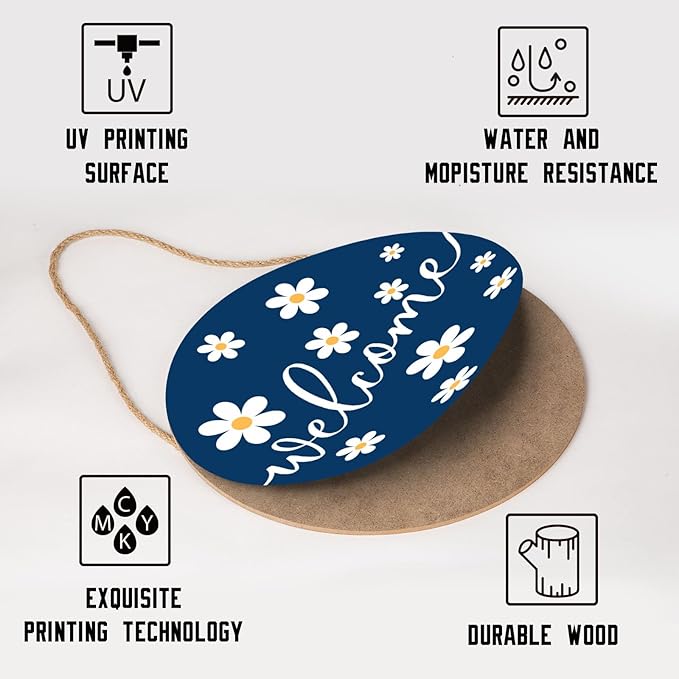 Spring White Daisy Flower Door Sign For Front Door Decor,Daisy Welcome Blue Wooden Sign 12"x 12" Round Spring Hanging Door Sign Decoration for Wall Rustic Decor
