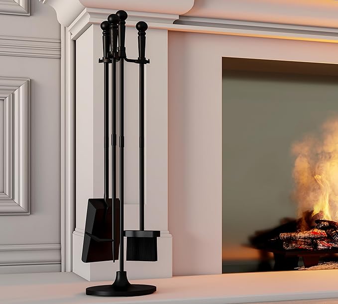 Fire Beauty Fireplace Tools Set 4 Pieces Black Wrought Iron Fire Tool Set for Outdoor/Indoor Include Poker, Shovel, Brush and Stand Accessories Set