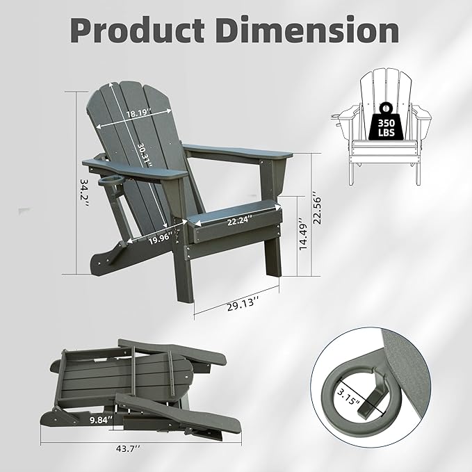 Domi Folding Adirondack Chairs Set of 2, HDPE All-Weather Outdoor Chairs with Cup Holder, Wooden Textured Fire Pit Chairs for Backyard, Patio, Poolside & Deck, Grey