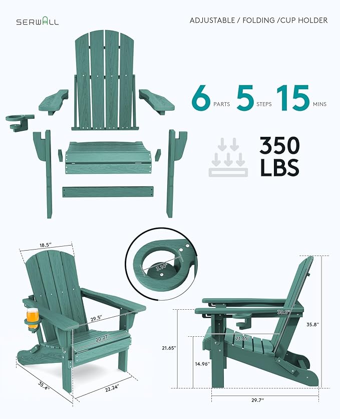 SERWALL Folding Adirondack Chair, Adirondack Outdoor Chair with Cup Holder, Adjustable HDPE Adirondack Chair with 3 Recline Positions, Light Green